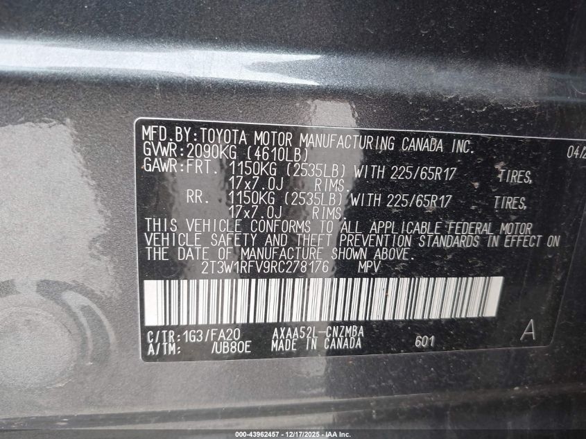 2024 Toyota Rav4 Xle VIN: 2T3W1RFV9RC278176 Lot: 43962457