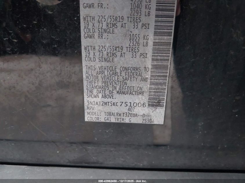 2019 Nissan Rogue Sl VIN: 5N1AT2MT5KC751006 Lot: 43962458