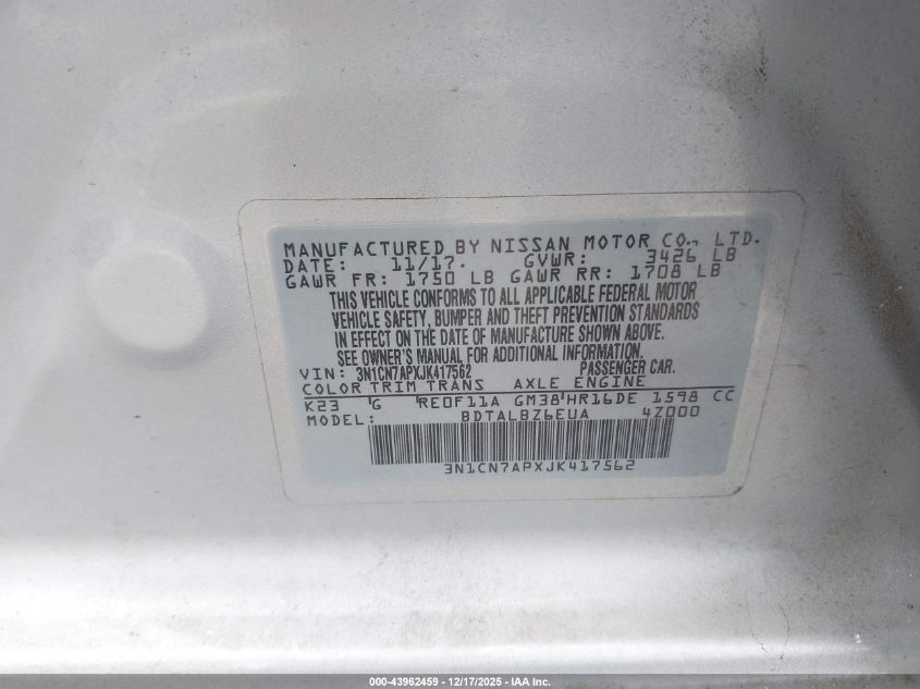 2018 Nissan Versa 1.6 Sv VIN: 3N1CN7APXJK417562 Lot: 43962459