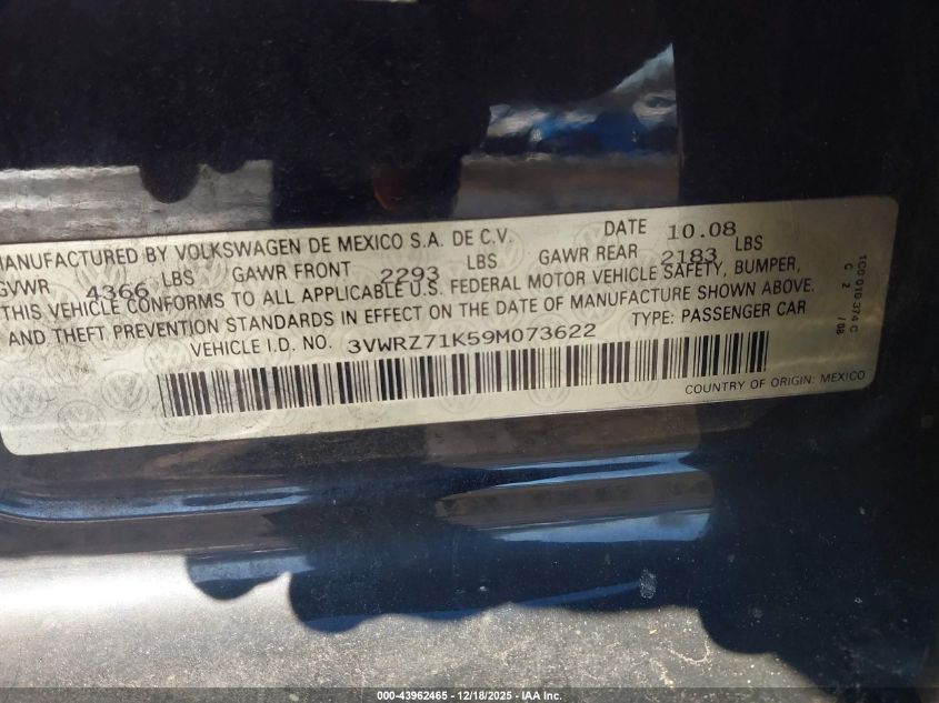 2009 Volkswagen Jetta Se/Sel VIN: 3VWRZ71K59M073622 Lot: 43962465