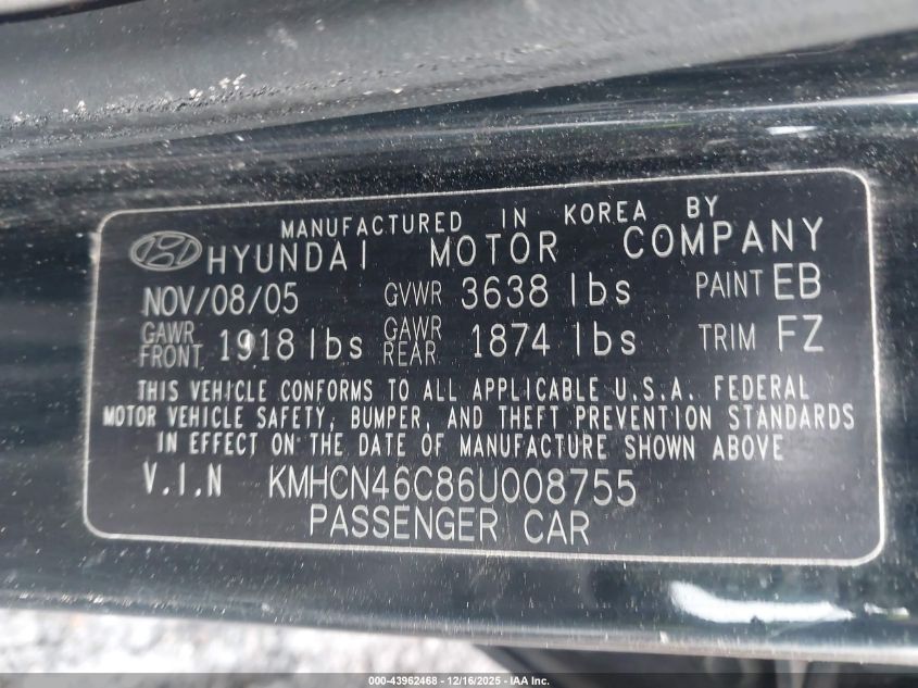 2006 Hyundai Accent Gls VIN: KMHCN46C86U008755 Lot: 43962468