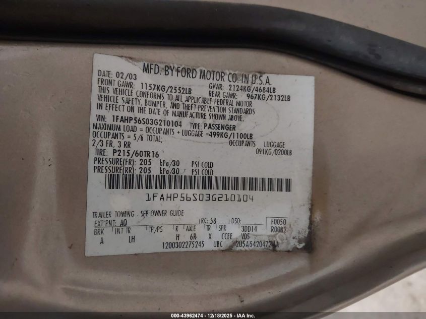 2003 Ford Taurus Sel VIN: 1FAHP56S03G210104 Lot: 43962474