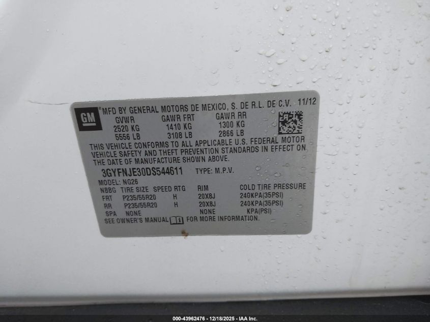 2013 Cadillac Srx Premium Collection VIN: 3GYFNJE30DS544611 Lot: 43962476