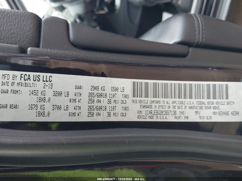 2019 Jeep Grand Cherokee Limited 4X2 VIN: 1C4RJEBG2KC657136 Lot: 43962477