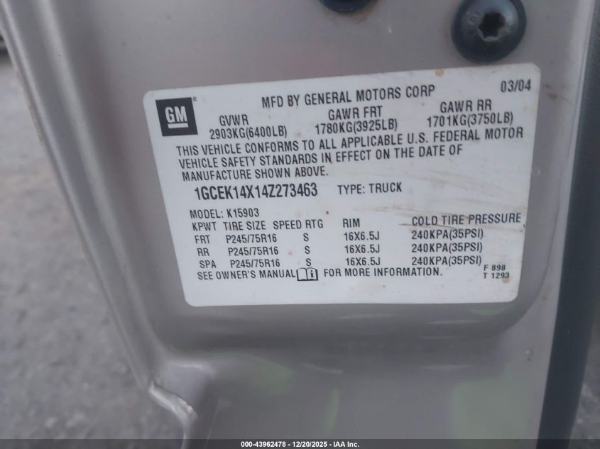 2004 Chevrolet Silverado 1500 Work Truck VIN: 1GCEK14X14Z273463 Lot: 43962478