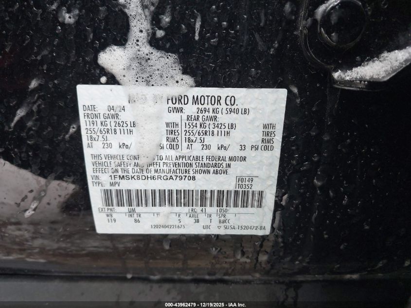 2024 Ford Explorer Xlt VIN: 1FMSK8DH6RGA79708 Lot: 43962479