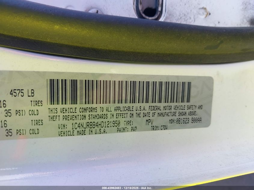 2017 Jeep Patriot Sport 4X4 VIN: 1C4NJRBB4HD121950 Lot: 43962483