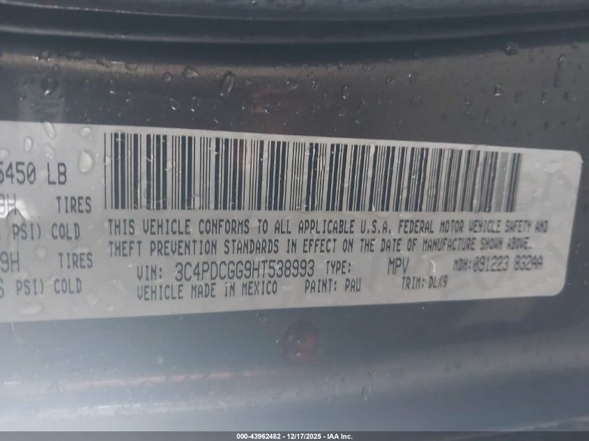 2017 Dodge Journey Crossroad Plus VIN: 3C4PDCGG9HT538993 Lot: 43962482