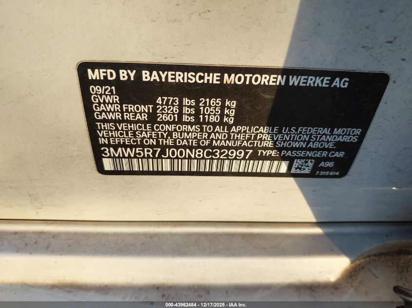 2022 BMW 330I xDrive VIN: 3MW5R7J00N8C32997 Lot: 43962484