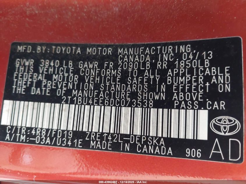 2013 Toyota Corolla S Special Edition VIN: 2T1BU4EE6DC073538 Lot: 43962487