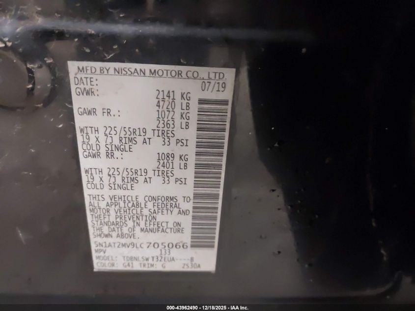 2020 Nissan Rogue Sl Intelligent Awd VIN: 5N1AT2MV9LC705066 Lot: 43962490