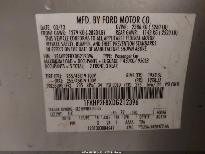 2013 Ford Taurus Limited VIN: 1FAHP2F8XDG212396 Lot: 43962492