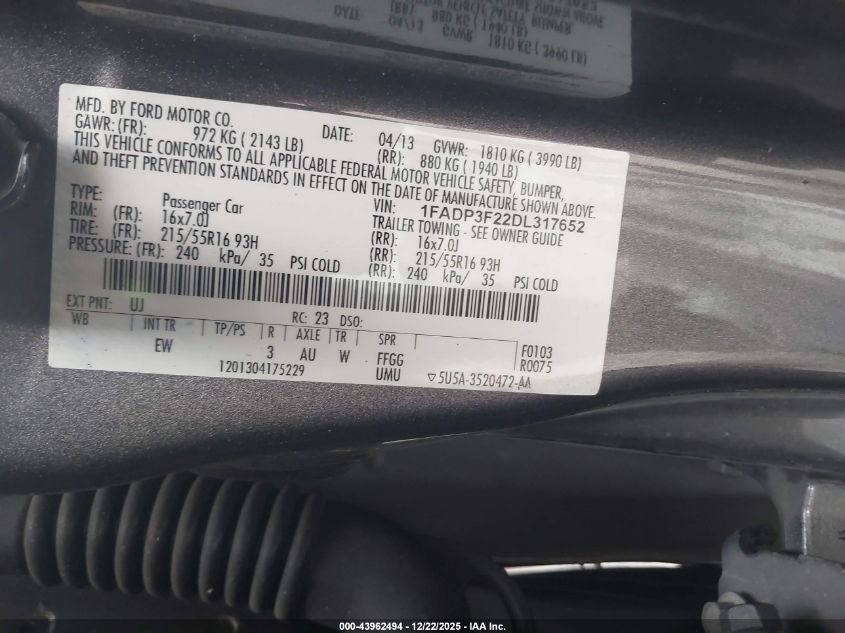 2013 Ford Focus Se VIN: 1FADP3F22DL317652 Lot: 43962494