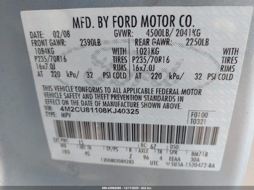 2008 Mercury Mariner V6 VIN: 4M2CU81108KJ40325 Lot: 43962498