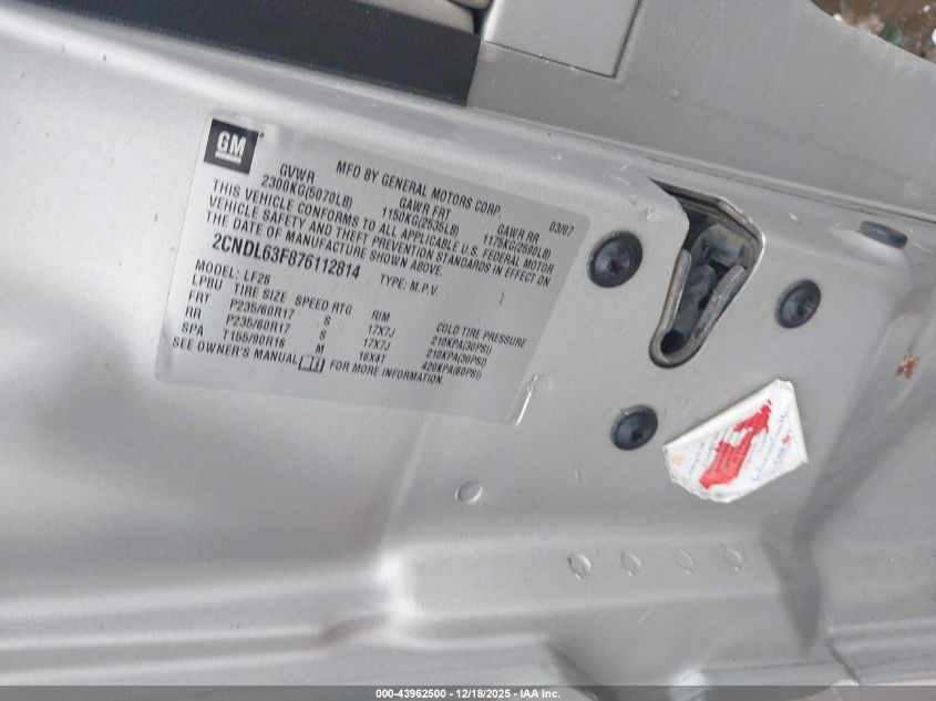 2007 Chevrolet Equinox Lt VIN: 2CNDL63F876112814 Lot: 43962500