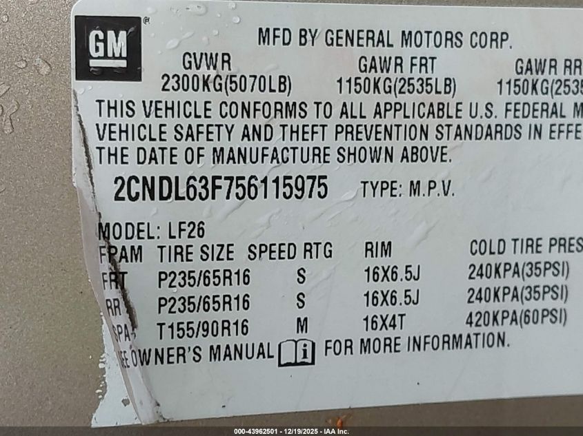 2005 Chevrolet Equinox Lt VIN: 2CNDL63F756115975 Lot: 43962501