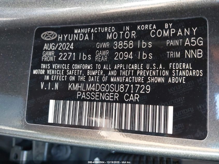 2025 Hyundai Elantra Sel Sport VIN: KMHLM4DG0SU871729 Lot: 43962504
