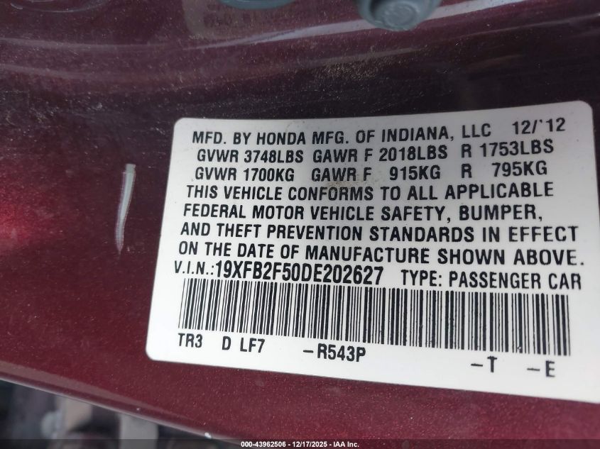 2013 Honda Civic Lx VIN: 19XFB2F50DE202627 Lot: 43962506