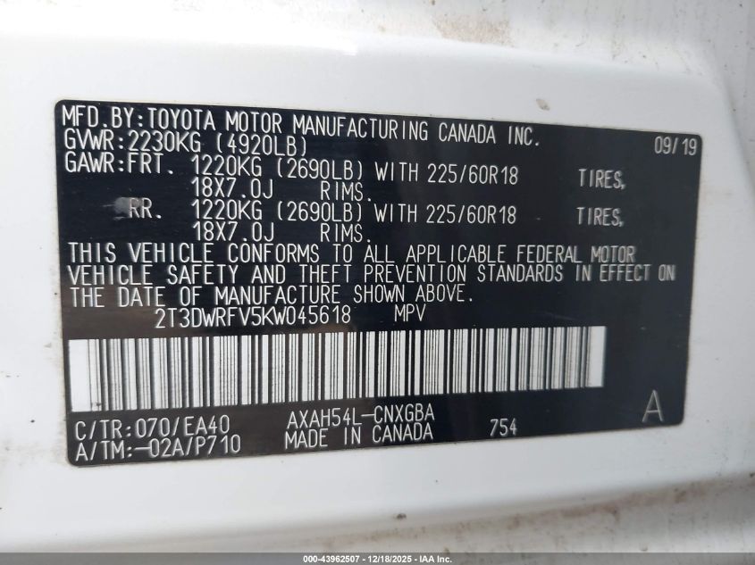 2019 Toyota Rav4 Limited VIN: 2T3DWRFV5KW04561 Lot: 43962507