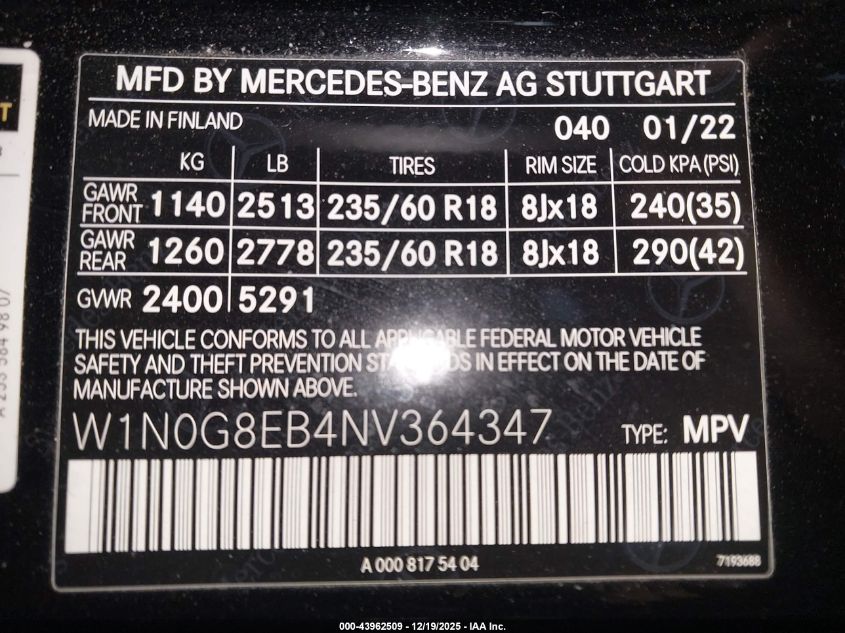 2022 Mercedes-Benz Glc 300 4Matic Suv VIN: W1N0G8EB4NV364347 Lot: 43962509