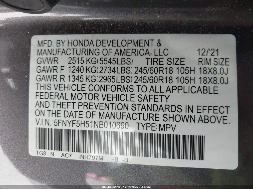 2022 Honda Pilot 2Wd Ex-L VIN: 5FNYF5H51NB010690 Lot: 43962510