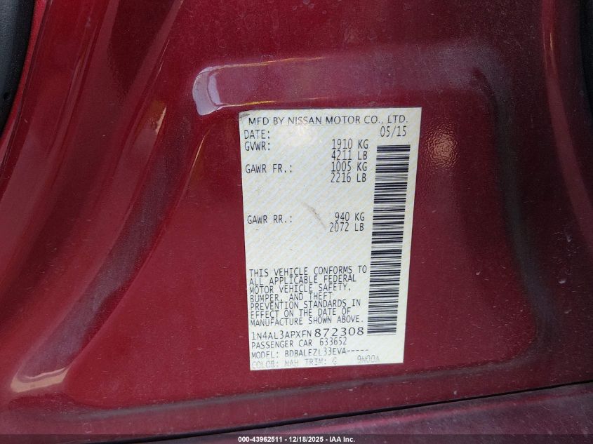 2015 Nissan Altima 2.5/2.5 S/2.5 Sl/2.5 Sv VIN: 1N4AL3APXFN872308 Lot: 43962511