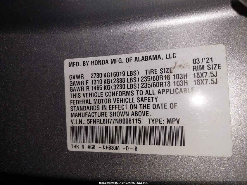 2022 Honda Odyssey Ex-L VIN: 5FNRL6H77NB006115 Lot: 43962515