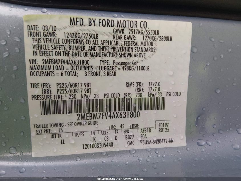 2010 Mercury Grand Marquis Ls (Fleet Only) VIN: 2MEBM7FV4AX631800 Lot: 43962516