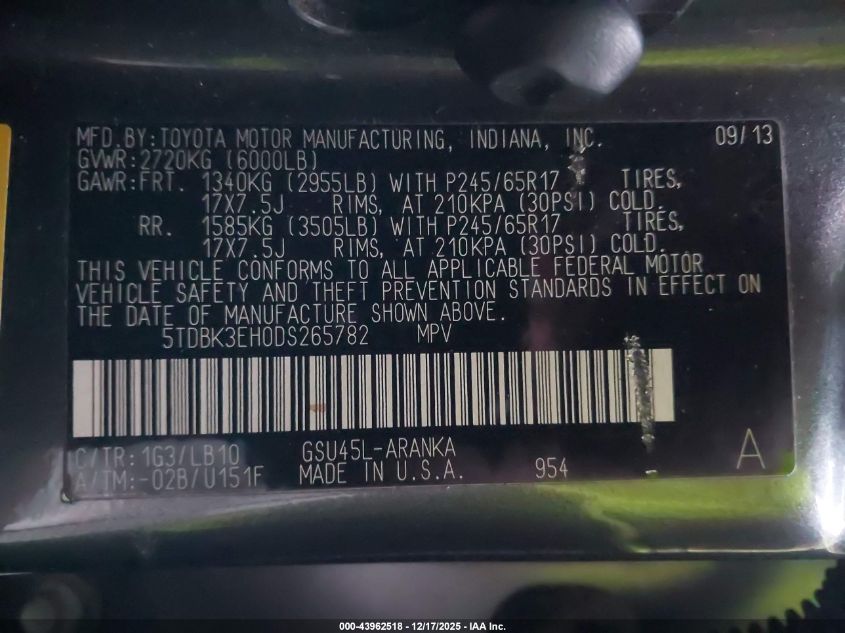 2013 Toyota Highlander Se V6 VIN: 5TDBK3EH0DS265782 Lot: 43962518