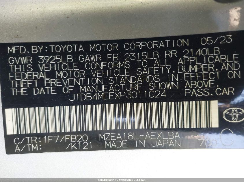 2023 Toyota Corolla Le VIN: JTDB4MEEXP3011024 Lot: 43962519