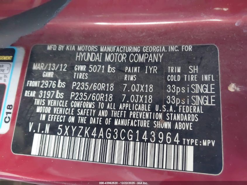 2012 Hyundai Santa Fe Limited V6 VIN: 5XYZK4AG3CG143964 Lot: 43962520