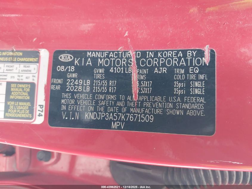 2019 Kia Soul + VIN: KNDJP3A57K7671509 Lot: 43962521