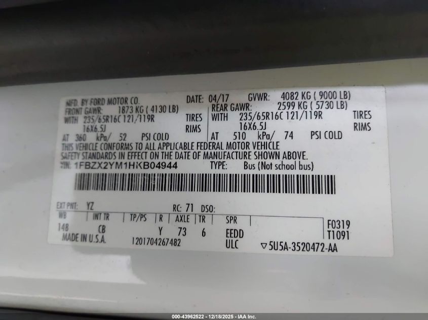 2017 Ford Transit-350 Xlt VIN: 1FBZX2YM1HKB04944 Lot: 43962522