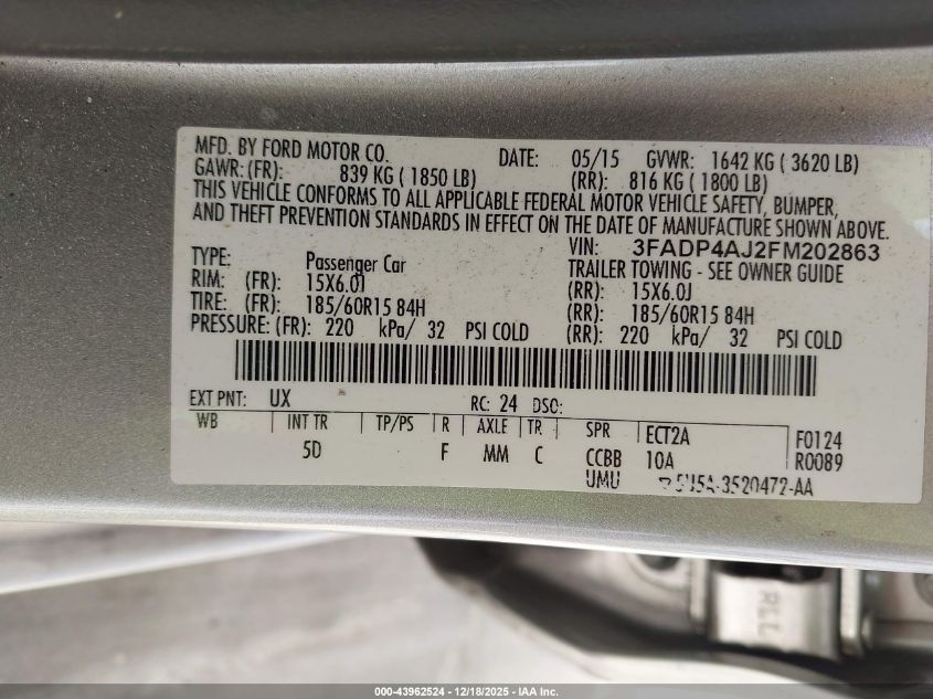 2015 Ford Fiesta S VIN: 3FADP4AJ2FM202863 Lot: 43962524