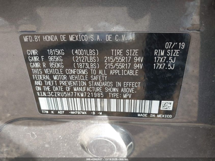 2019 Honda Hr-V Ex-L VIN: 3CZRU5H77KM721985 Lot: 43962527