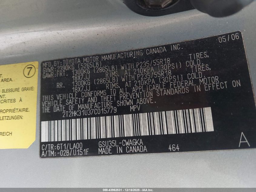 2007 Lexus Rx 350 VIN: 2T2HK31U37C015779 Lot: 43962531