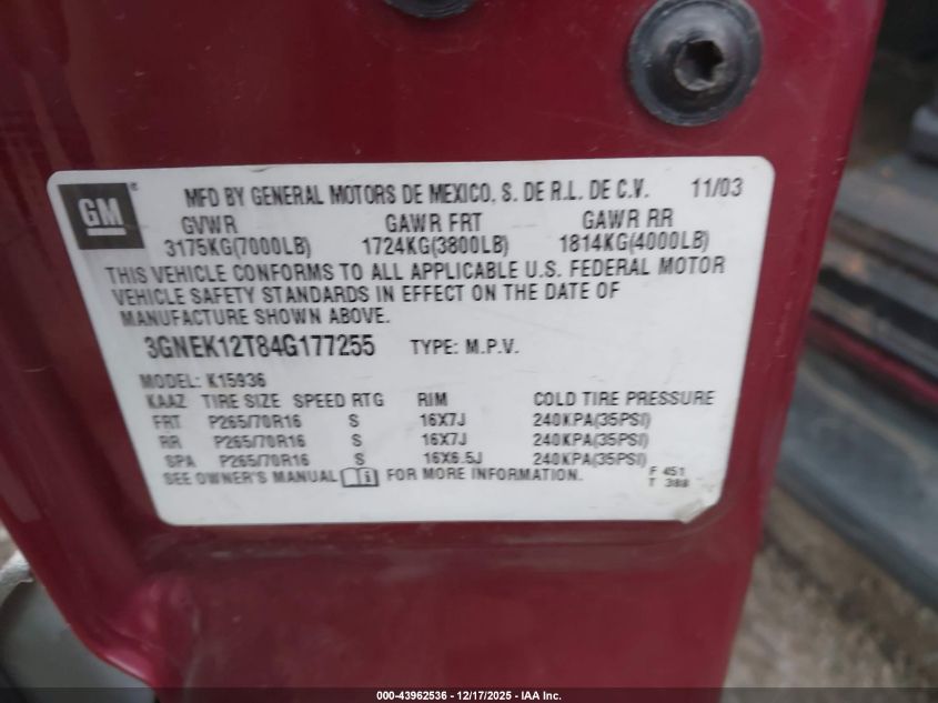 2004 Chevrolet Avalanche 1500 VIN: 3GNEK12T84G177255 Lot: 43962536