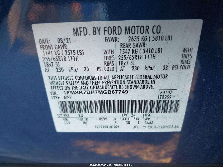 2021 Ford Explorer Xlt VIN: 1FMSK7DH7MGB67749 Lot: 43962540