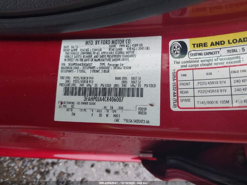 2012 Ford Fusion Sel VIN: 3FAHP0JA4CR406007 Lot: 43962541