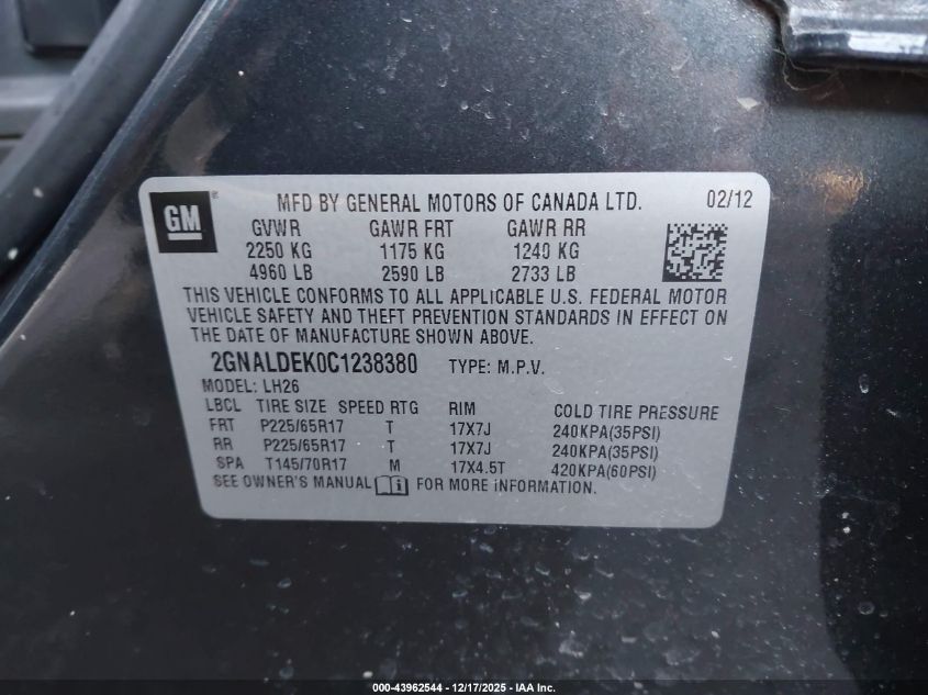 2012 Chevrolet Equinox 1Lt VIN: 2GNALDEK0C1238380 Lot: 43962544