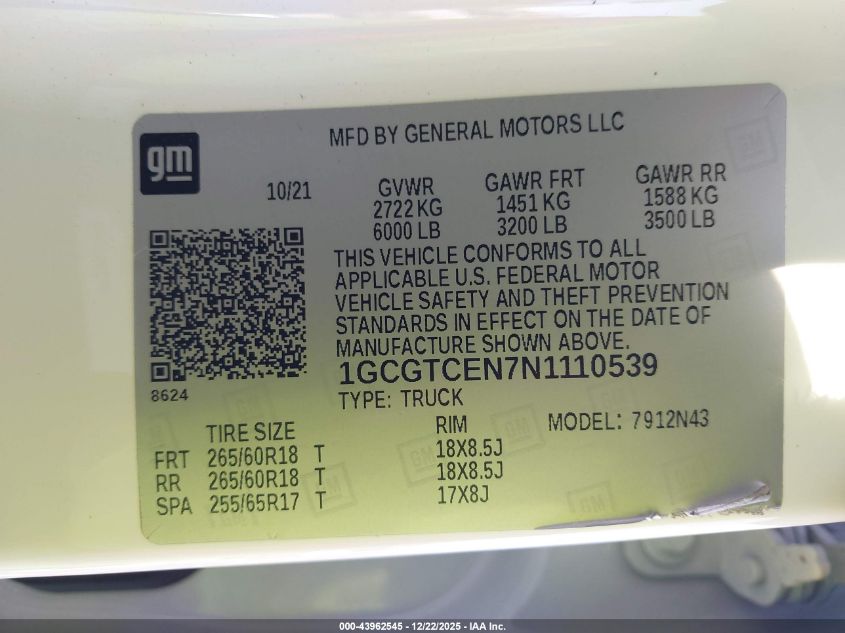 2022 Chevrolet Colorado 4Wd Short Box Lt VIN: 1GCGTCEN7N1110539 Lot: 43962545