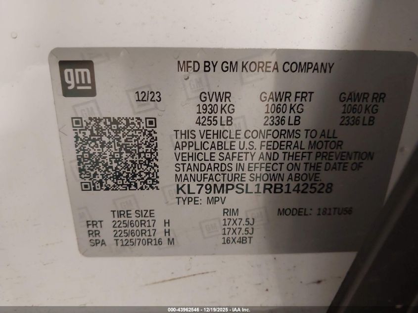 2024 Chevrolet Trailblazer Fwd Lt VIN: KL79MPSL1RB142528 Lot: 43962546