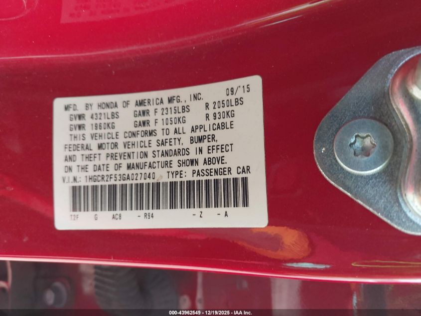 2016 Honda Accord Sport VIN: 1HGCR2F53GA027040 Lot: 43962549