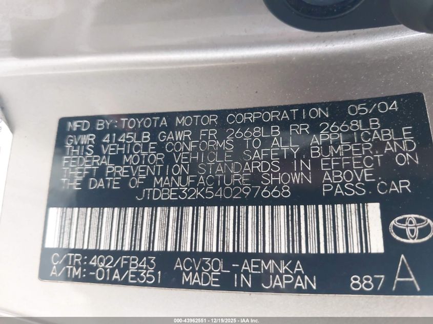 2004 Toyota Camry Le VIN: JTDBE32K540297668 Lot: 43962551