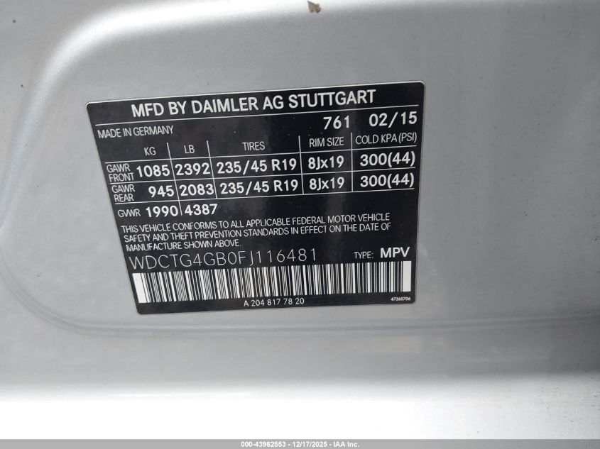 2015 Mercedes-Benz Gla 250 4Matic VIN: WDCTG4GB0FJ116481 Lot: 43962553