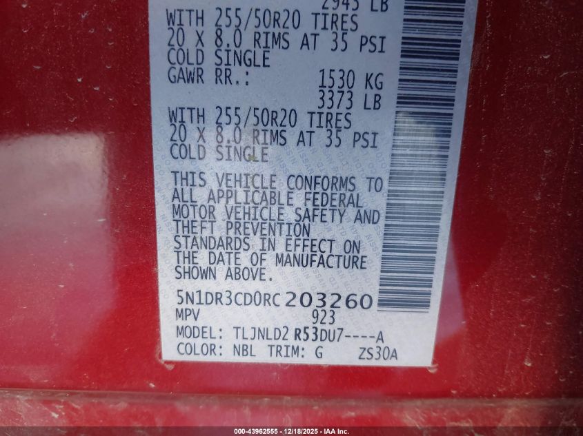 2024 Nissan Pathfinder Sl 4Wd VIN: 5N1DR3CD0RC203260 Lot: 43962555