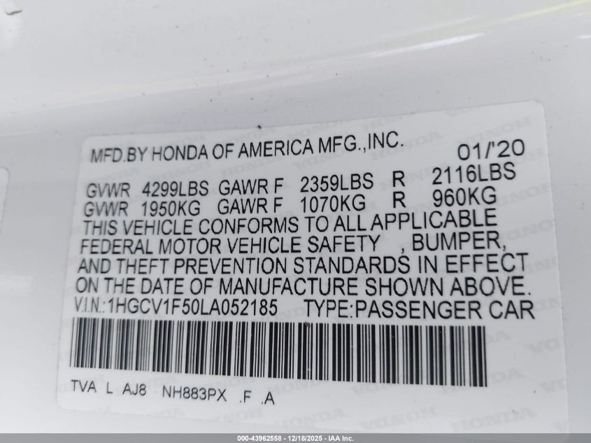 2020 Honda Accord Ex-L VIN: 1HGCV1F50LA052185 Lot: 43962558