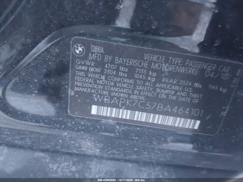 2011 BMW 328I xDrive VIN: WBAPK7C57BA464101 Lot: 43962560