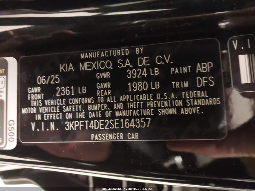 2025 Kia K4 Lxs VIN: 3KPFT4DE2SE164357 Lot: 43962564