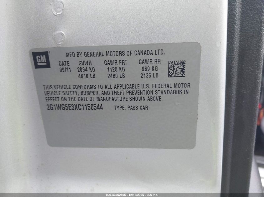 2012 Chevrolet Impala Lt VIN: 2G1WG5E3XC1150544 Lot: 43962565